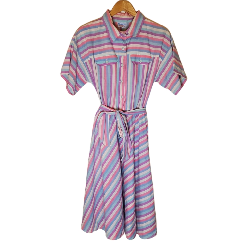Pink Bubblegum White, Blue and Purple Striped 80s Short Sleeve Shirt Dress - Picture 2 of 15